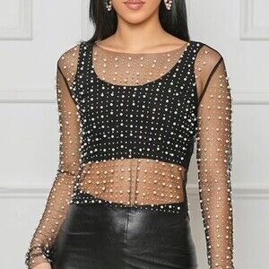 Black Mesh Embellished Long Sleeve Top